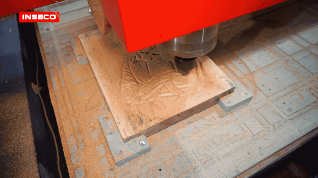 Mesin CNC Router Inseco sedang mengukir wajah pada kayu dengan tingkat presisi tinggi. Proses ini cepat dan efisien tanpa kesulitan