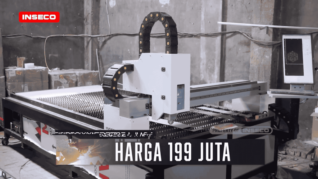 Mesin pemotong laser Inseco di dalam gudang dengan tampilan bagian depan. Kontak person 082233964435